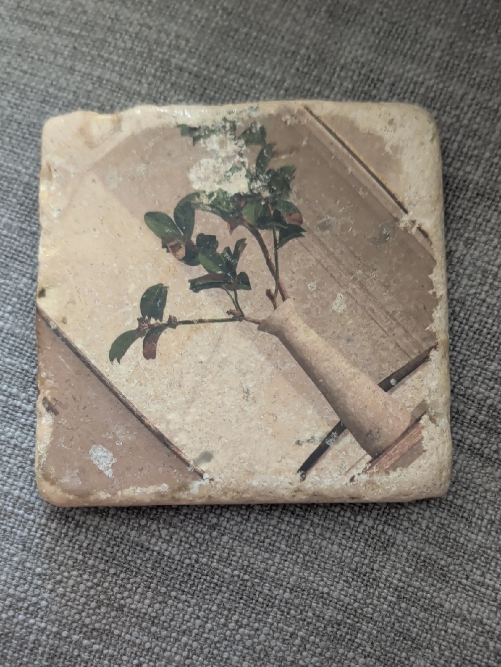 Vintage Botanical Stone Coaster with Potted Plant Image - Handcrafted